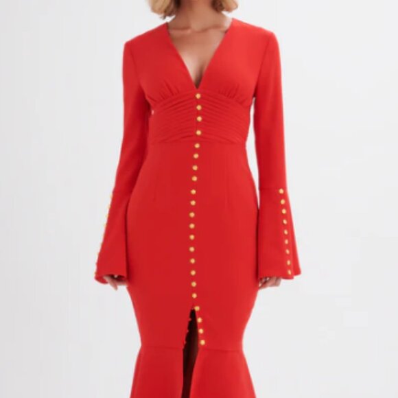 NWT SALMA Fluted Sleeve Rose Button Midi Dress in Red US 6 - Picture 6 of 6